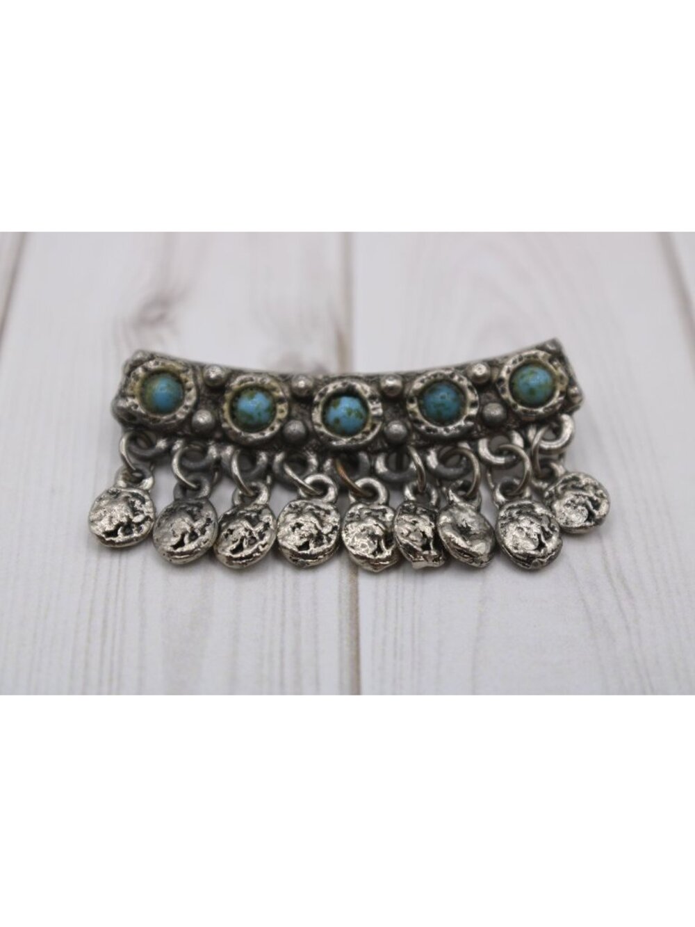 Germany Turquoise Brooch Pin Fringe Coins Silver Celtic Ethnic Hat Scarf Lapel